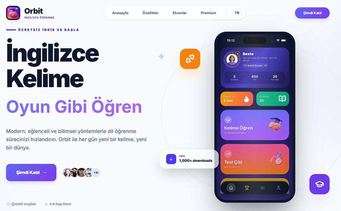 Orbit Words App (Mobil Uygulama & Landing Page)